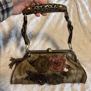 Sharif Metal Handle Brown and Tan Floral Shoulder Bag - EUC